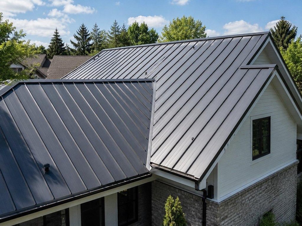 Standing-seam metal roofing on a modern Canadian home.